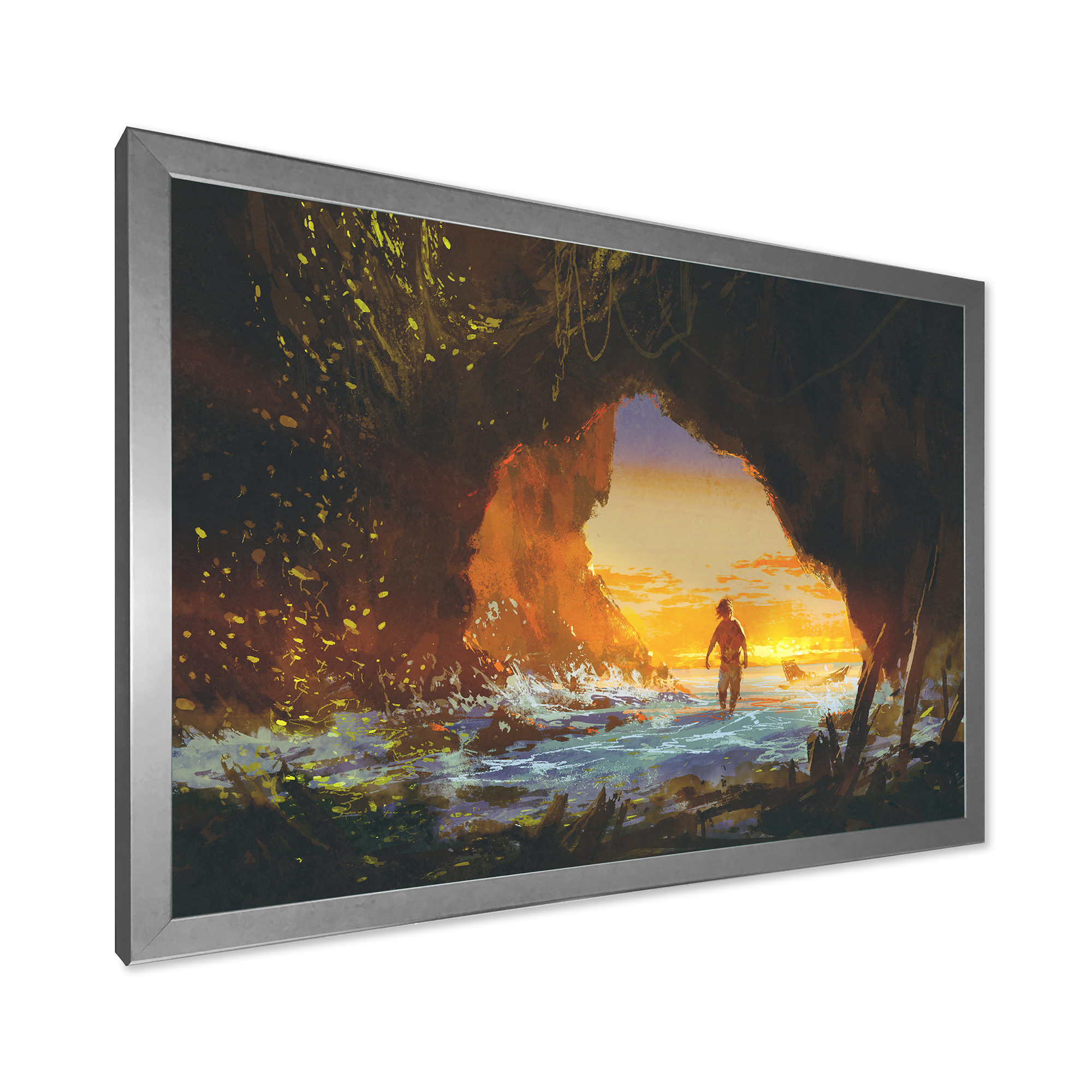 Designart 'The Sea Cave At Sunset With The Man Walking In' Nautical & Coastal Framed Art Print