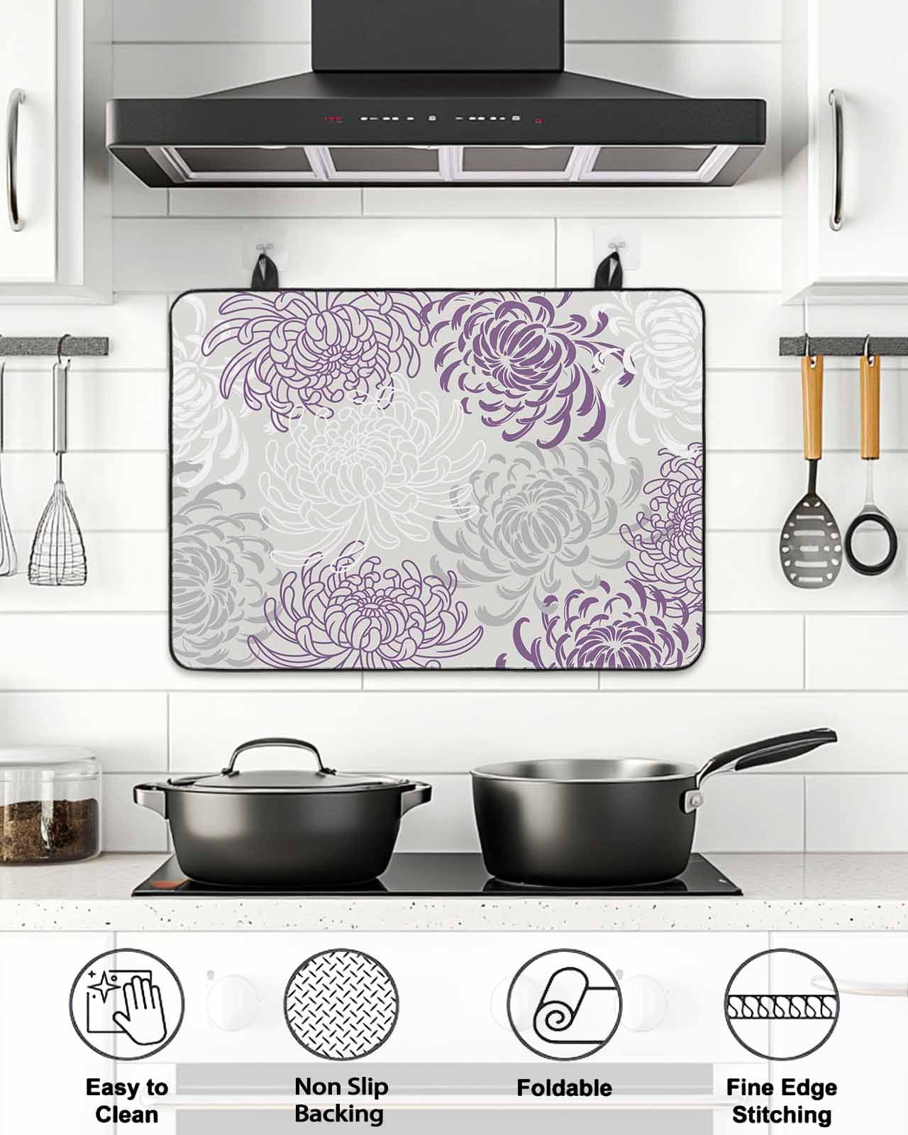 Stove Top Covers for Electric Stove, Purple White Glass Stovetop Cover Protector, Abstract Grey Chrysanthemum Flower Floral Induction Cooktop Protector Oven Mat for Kitchen Countertop 28.5"x20.5"