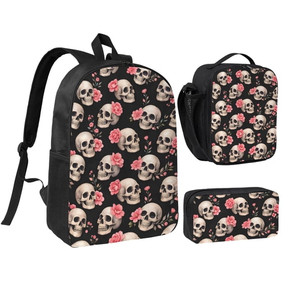 Skull Flower Backpack Set 3pc Including Backpack, Lunch Bag and Pen Bag Combination
