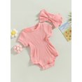 thumbnail image 3 of LMLYSoH Baby Girls Jumpsuit Set Solid Color Ribbed Short Sleeve Romper with Bow Headband Summer Outfits, 3 of 5