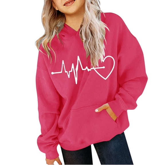 fleece Hoodies for teen girls casual oversized Heart Print Sweatshirt With Hood Girls Boys Long Sleeve pocket Pullover tops