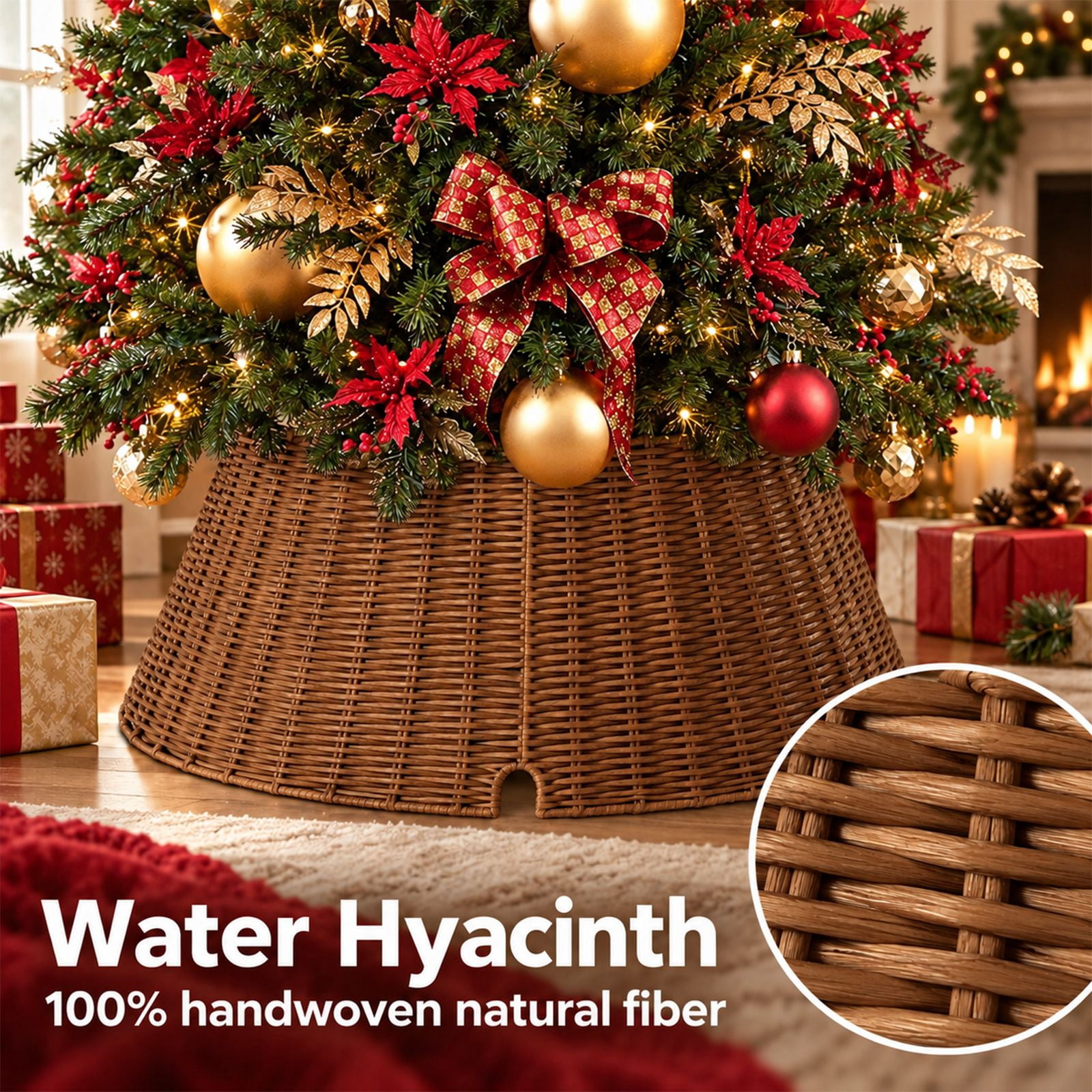 Alvantor Water Hyacinth Christmas Tree Collar, Woven Base Cover, Brown, 19.69 x 27.17 x 10.24 in