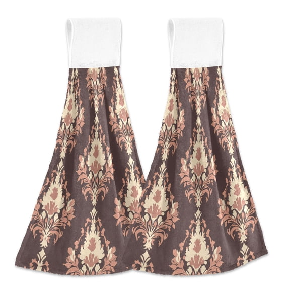 BZSMCE Hanging Hand Towels Fashion Elegant Earthy Damask Pattern 2-Pack - Velcro Style Bathroom Kitchen Towels
