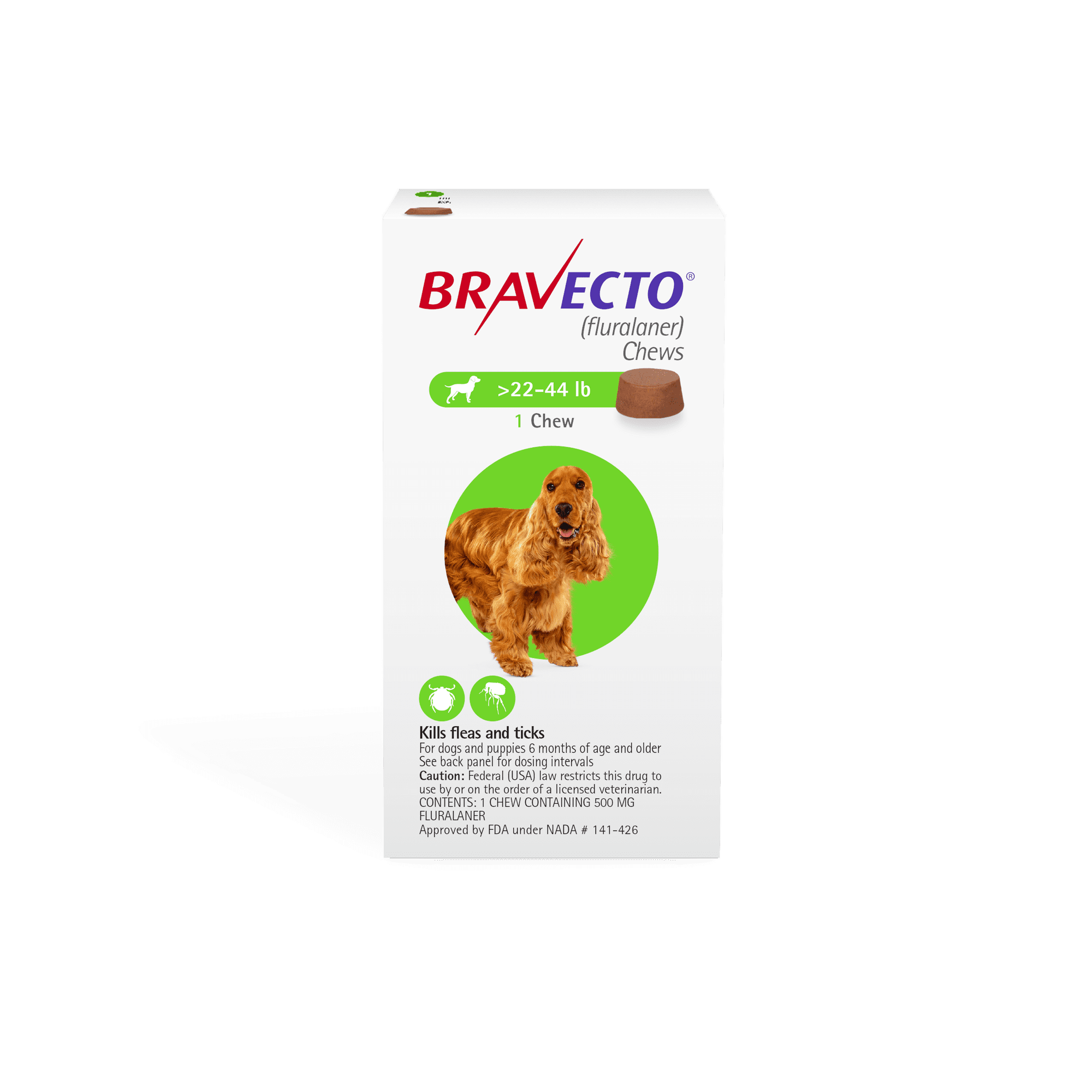 Bravecto Flea and Tick Chews for Dogs, 22-44 lbs, (Green Box)