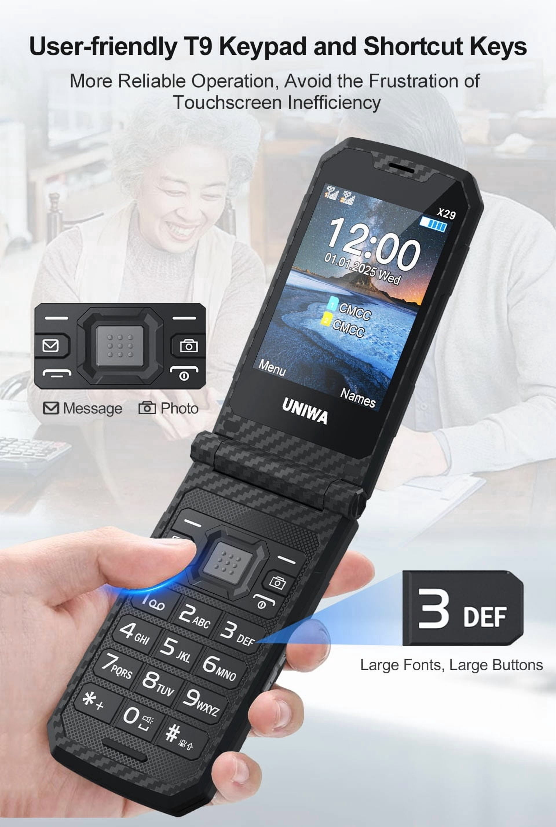 UNIWA X29 Rugged Flip GSM Cellphone 2.8" +1.77" Dual Screen Mobile Phone Big Push-Button Telephone for Elderly (Green)
