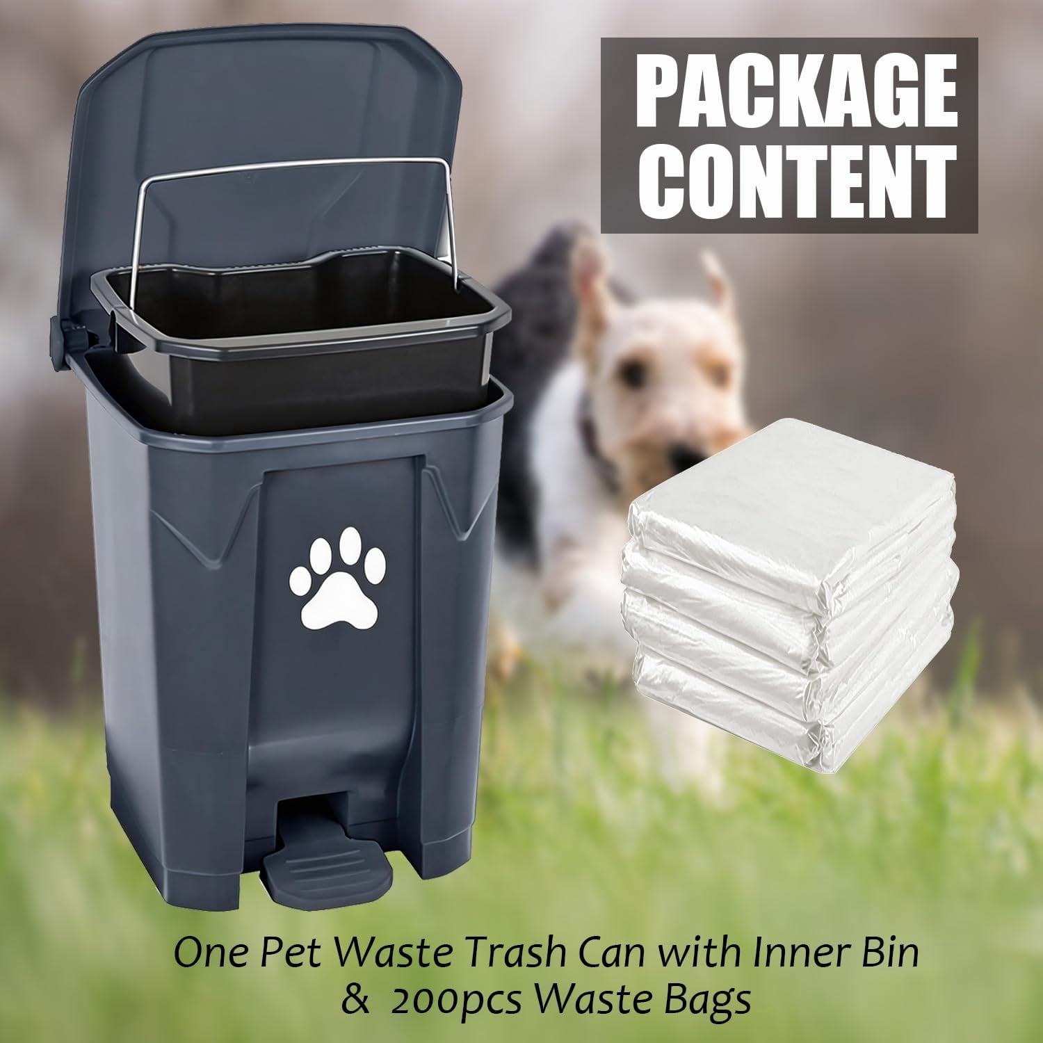 Dog Poop Trash Can Outdoors Pet Waste Station with Lid Dog Waste Disposal Container with Removable Inner Bin Bucket Hands-Free Pedal Garden Yard Home with Waste Bags, Black