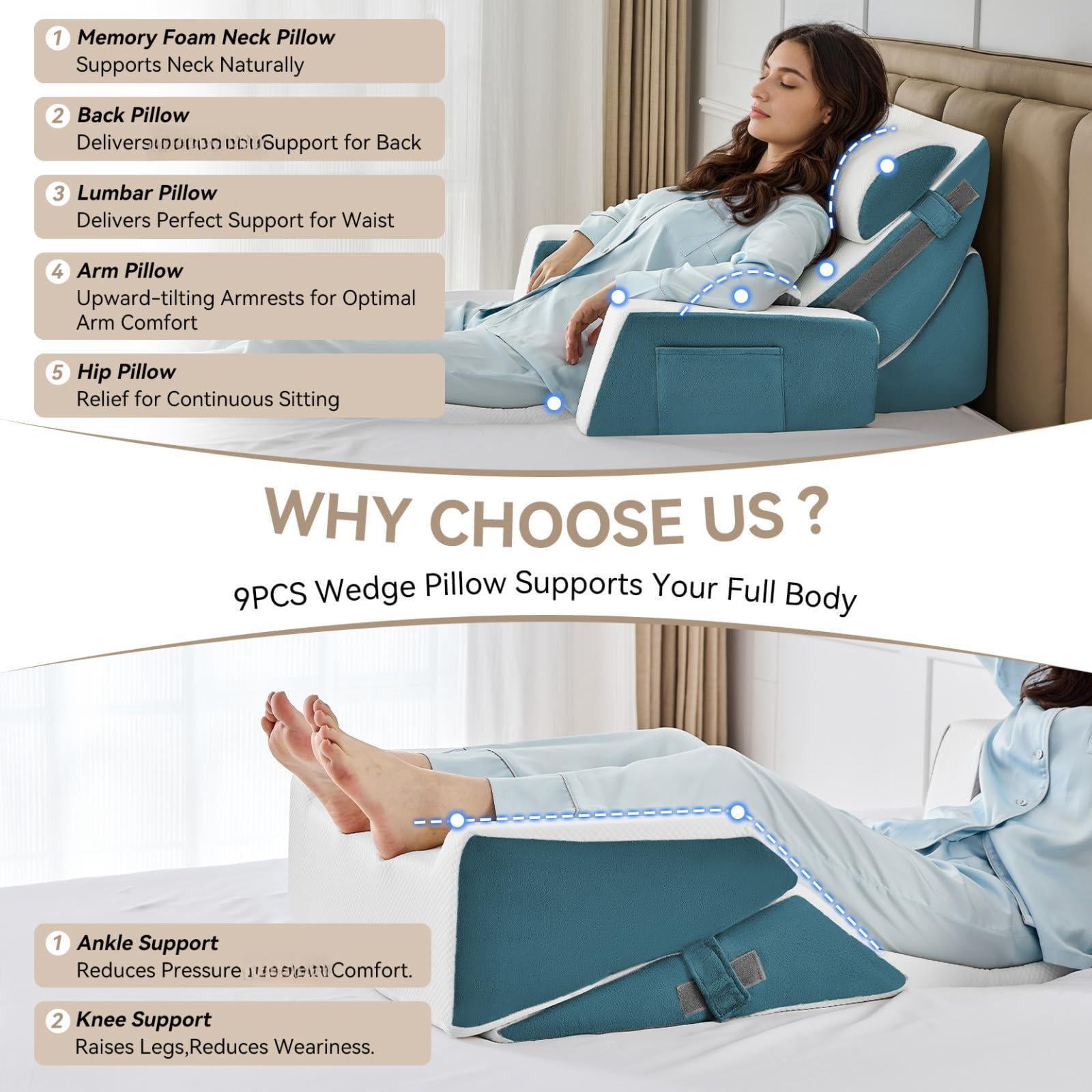 9pcs Bed Wedge Pillow Set For Sleeping  And Leg Foam Body Triangle Adjustable Support - Acid Reflux Pillows Navy