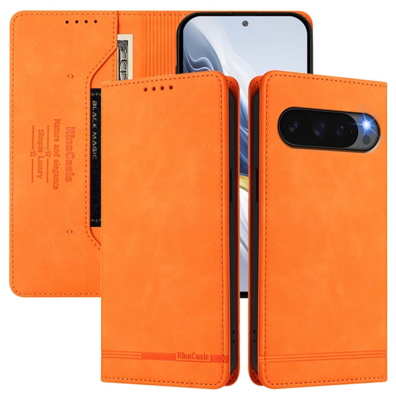 ELEHOLD for Google Pixel 10 Pro XL Wallet Flip Case, Slim Shockproof Kickstand PU Leather RFID-Blocking Card Slot Cover,Orange