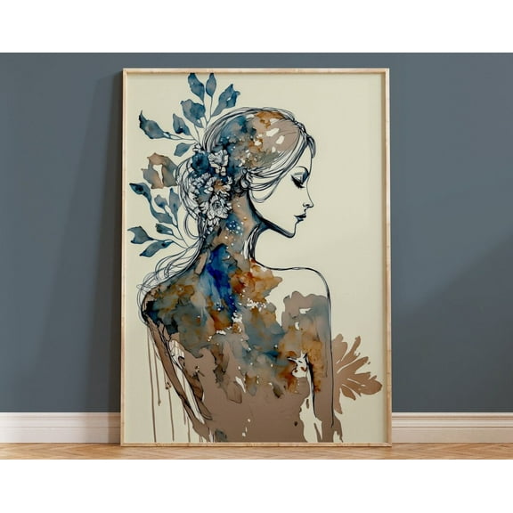 Watercolour Wall Art Print Portrait Floral Boho Woman Flowers Simple Neutral Gift For Her Beautiful Female Earth Tones Elegant Painting Wall Art, Modern Wall Decor, 8x12 UNFRAMED
