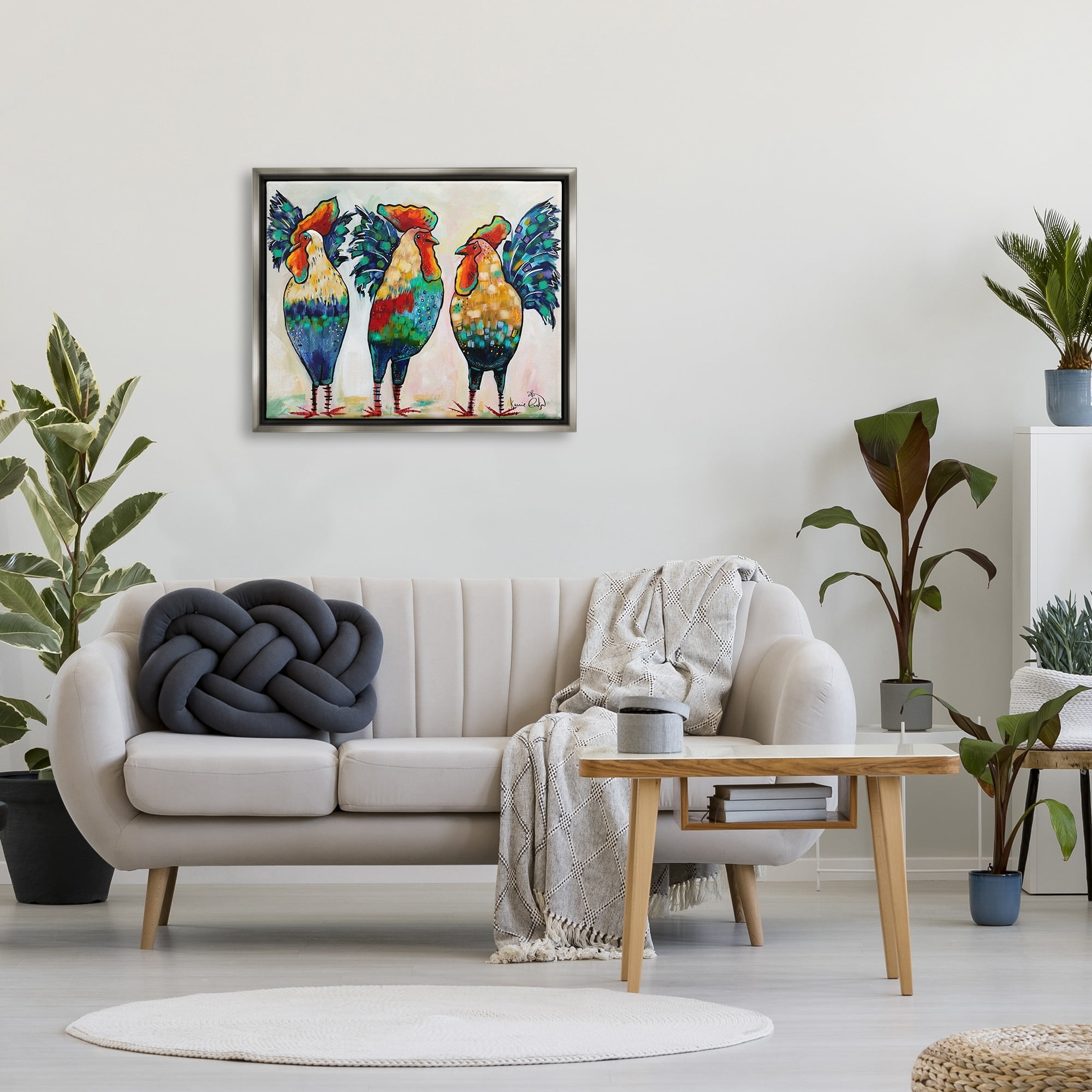 Stupell Industries Bold Patterned Chickens Hens Vivid Feathers Standing Painting Luster Gray Floating Framed Canvas Print Wall Art, Design by Karrie Evenson