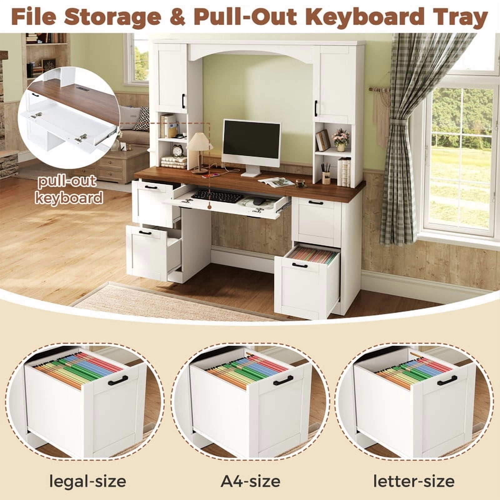 Howcool 68.6"H Farmhouse Arched Computer Desk with Hutch, Workstation with Built-In Charging Station, Keyboard Tray, All-in-One Writing Desk with File Drawer for Home Office