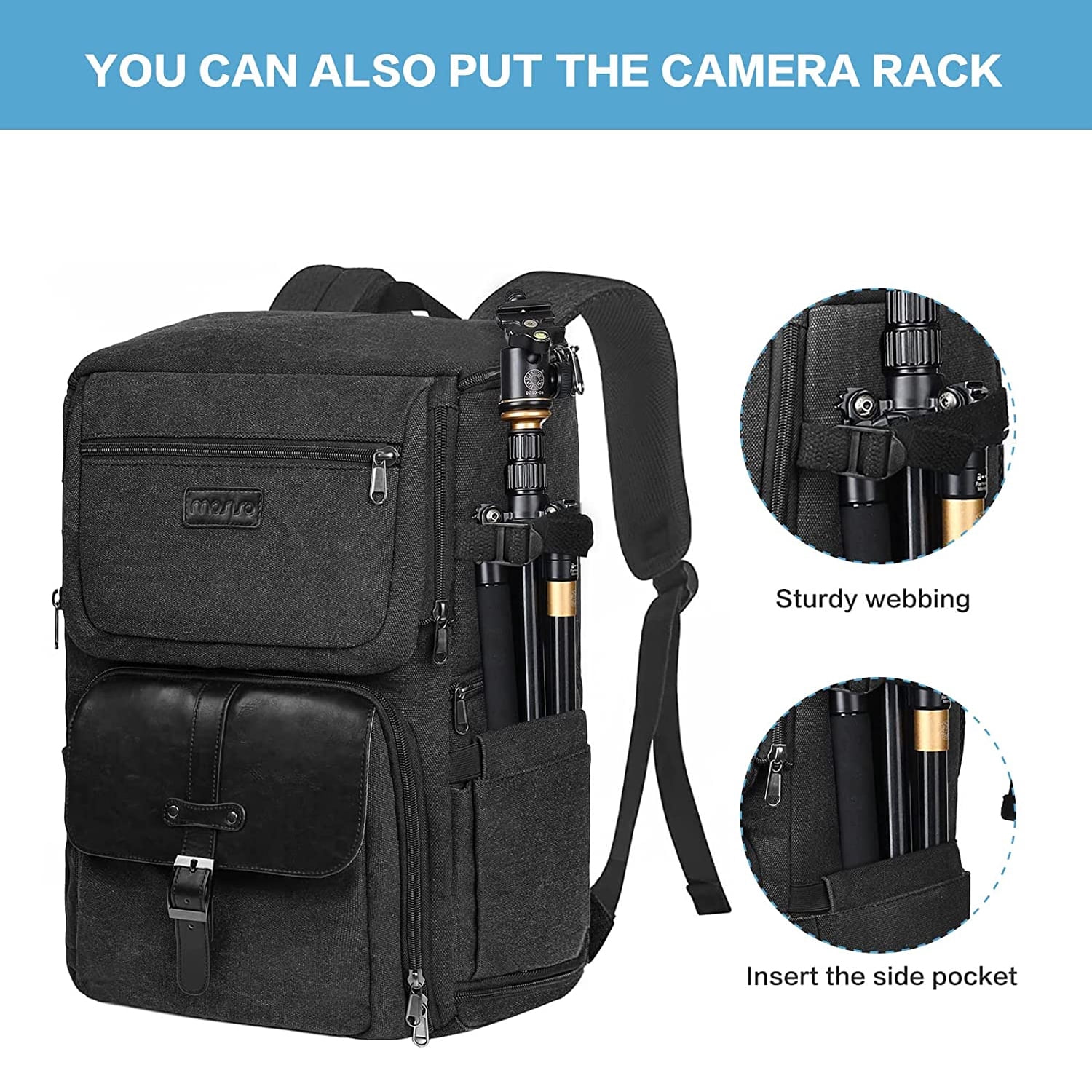 Mosiso Camera Backpack,15-16 inch Laptop Compartment for Canon/Nikon/Sony/DJI Mavic Drone,DSLR/SLR Camera Bag Case PU Flap Front Pocket with Tripod Holder,Black