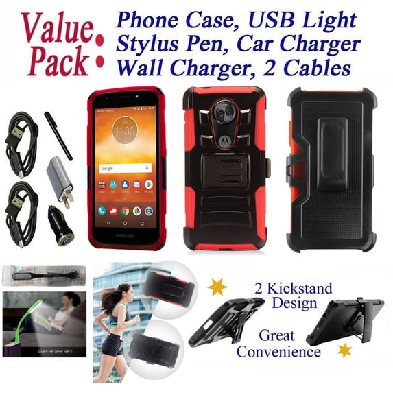 Value Pack + for 6" Motorola moto E5 + Plus E5 SUPRA Case Belt Clip Holster Phone Case 2 Kick stand Hybrid Shockproof Armor Impact Bumper Cover Red