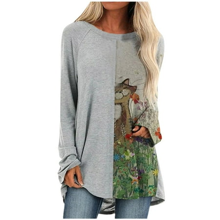 

Long Sleeve Tops For Women Tunic Tops Athletic Shirt Women Undershirts Scrubs Plus Size Fashion Casual Print O-Neck Loose And Comfortable Tops White Compression Underscrub (L Gray) TBKOMH