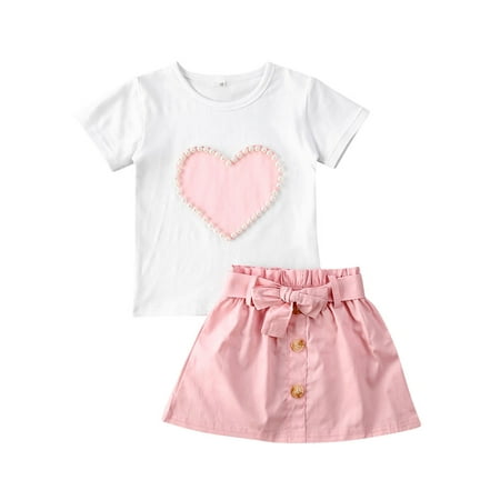 

Fullvigor Baby Girl Valentine s Day Outfits Heart Print Pullover Tops Bowknot Button Skirt