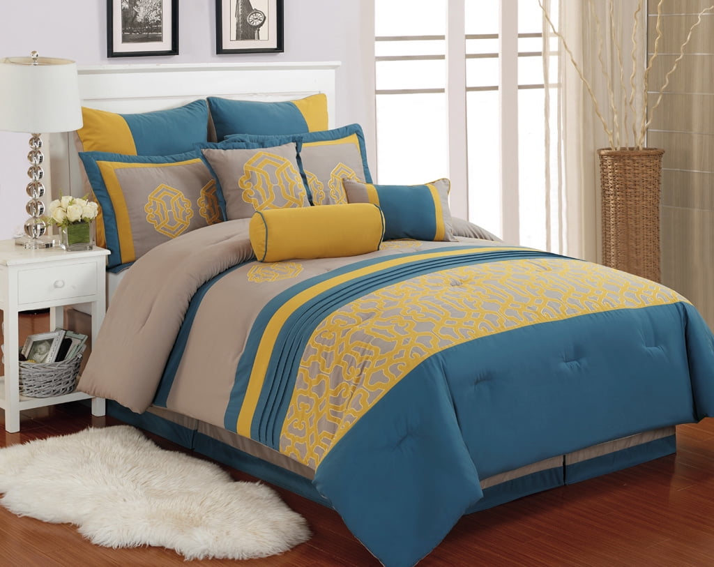 9 Piece Carlton Yellow Blue Taupe Comforter Set Walmart Com