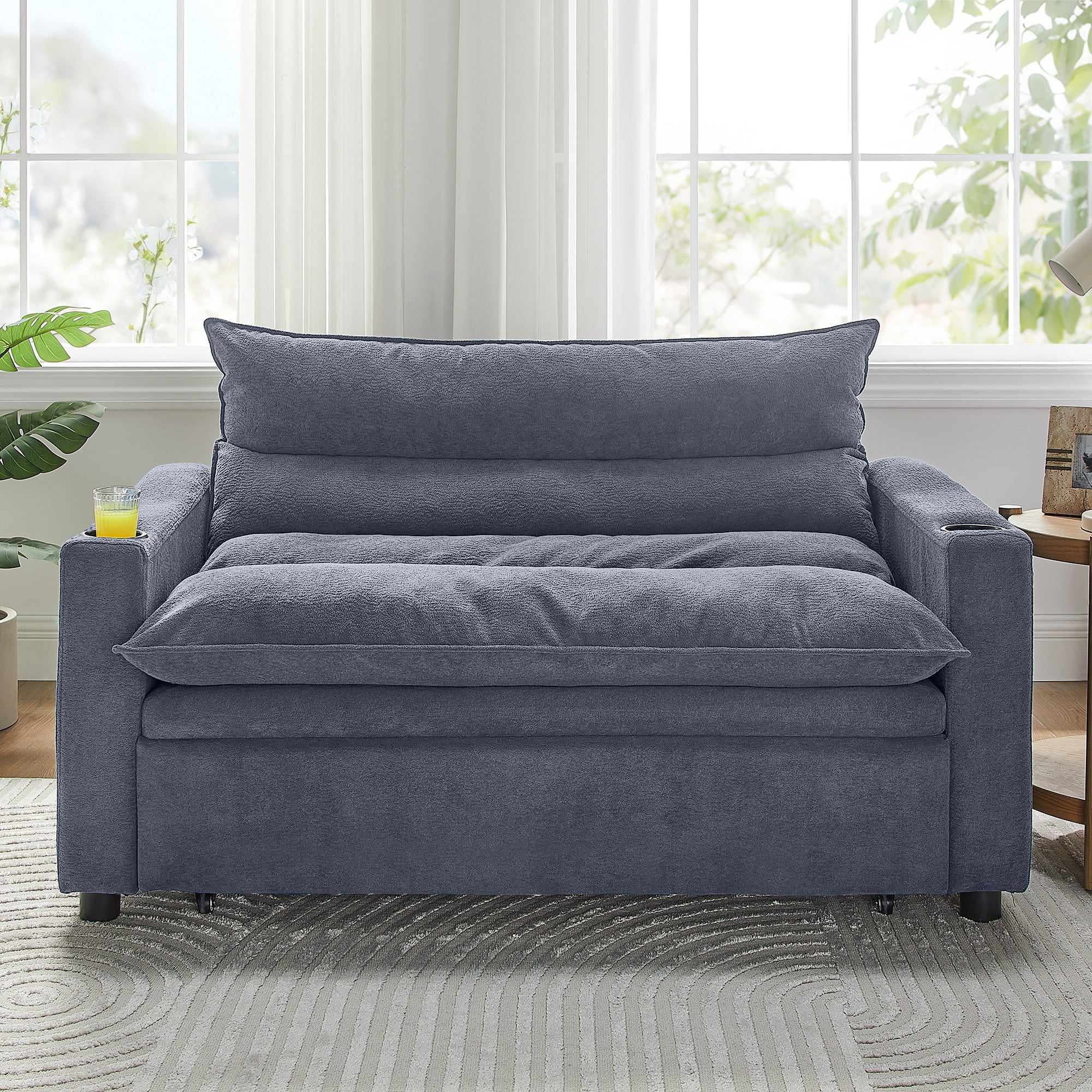 Aukfa 3 in 1 Convertible Pull Out Sofa Bed, Loveseat Sleeper with Thick Pad and Cup Holders for Living Room, Bedroom, Small Space, Gray