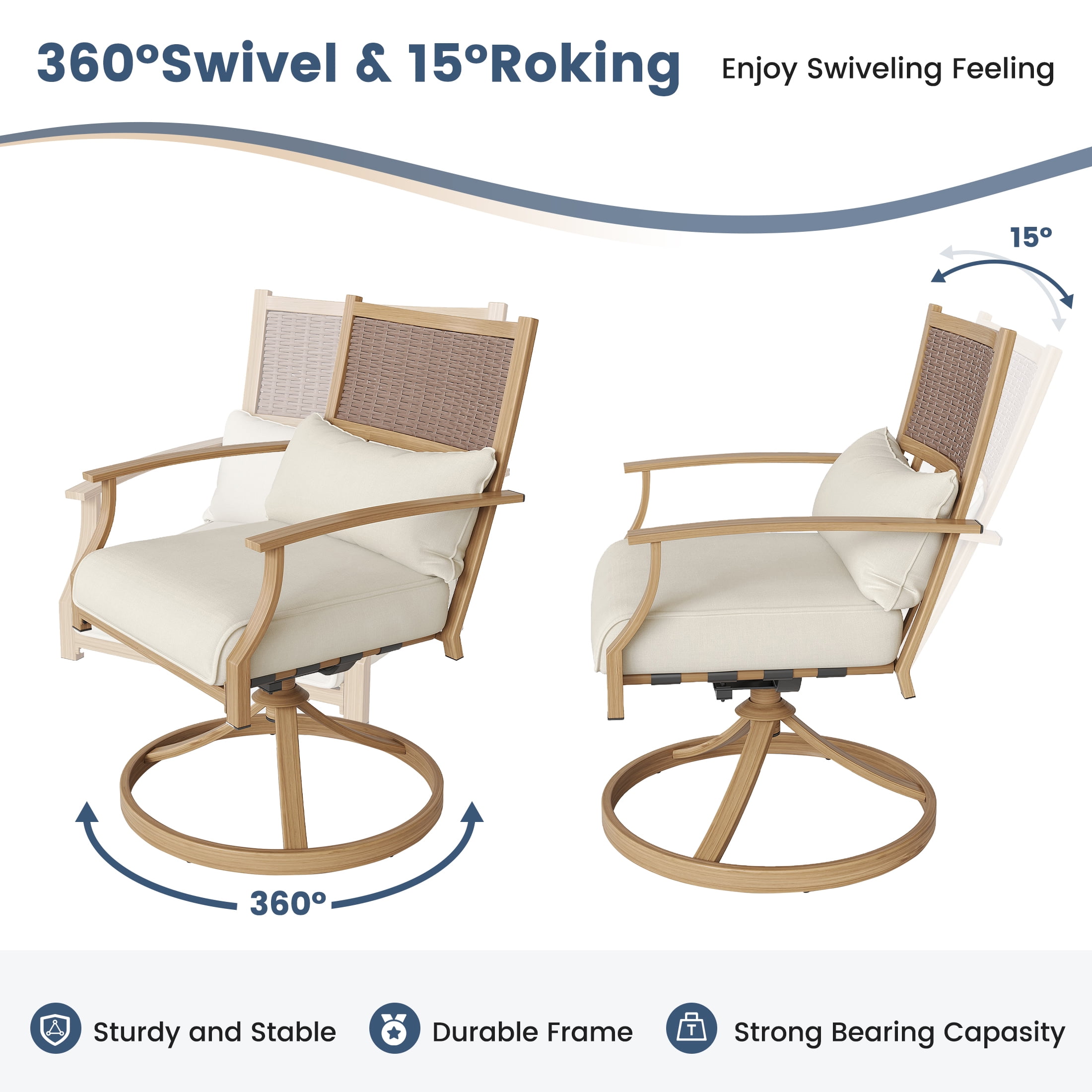 Poteban 3 Pieces Swivel Rocker Outdoor Chairs Set, Patio Dining Chairs with Beige Thickened Cushions&Glass Top Table, Wicker Patio Bistro Set for Garden, Backyard, Lawn, Porch