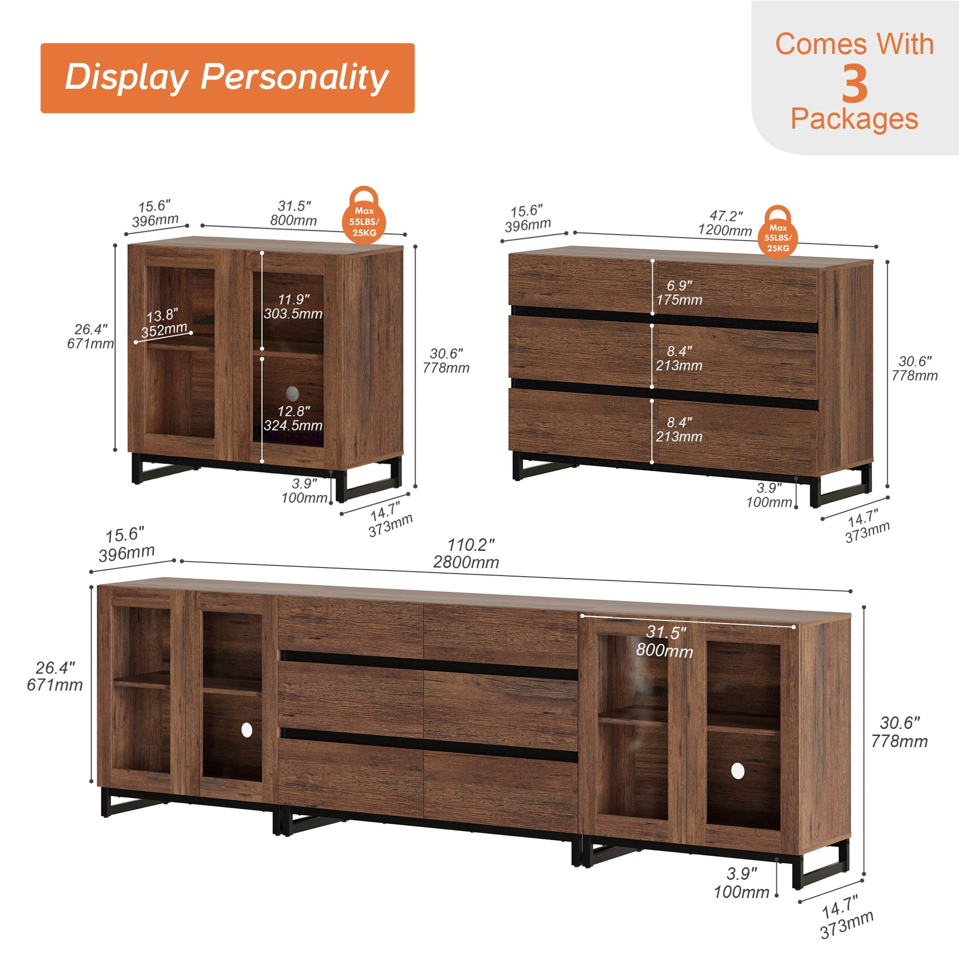3 In 1 Multifunctional Sideboard Buffet Cabinets With Glass Doors And 6 Drawers, Modern Sideboard Credenza With Adjustable Shelf And Metal Base, Brown