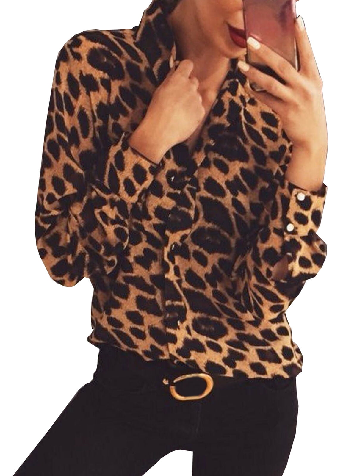 Women Leopard Print Long Sleeve Button V Neck T Shirt Casual Blouse Tops 