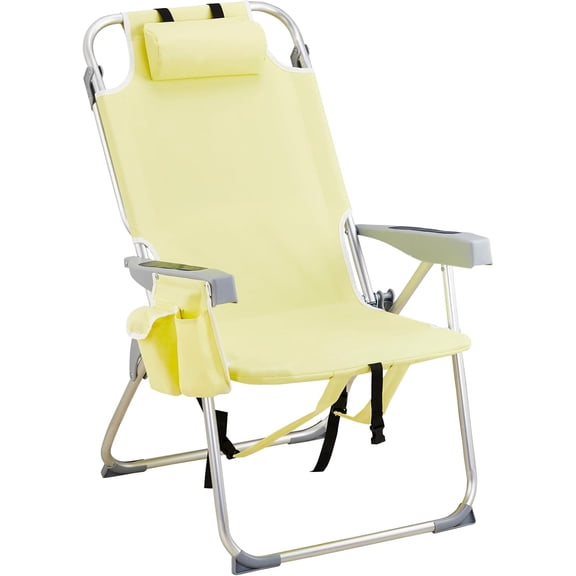 Tall Beach Chairs for Adults, 5-Position Reclining Backpack Beach Chair with Cooler & Storage Pouch, Portable Lightweight Folding Beach Chair with Aluminum Frame & Cup Holder, Supports 220lbs, Yellow