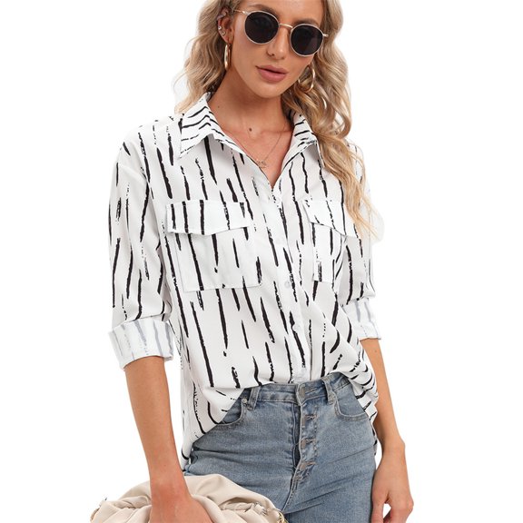 Women Casual Blouses Fashion Long Sleeve Striped Button Shirts Side Slit Office Lady Business Dressy Fall Blouse Tops, White S-2XL