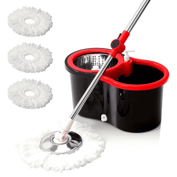 Spin Mop & Bucket Set - 360° Wringer System, 3 Microfiber Heads, 61" Adjustable Stainless Handle for Floor Cleaning - Bathroom/Home Use
