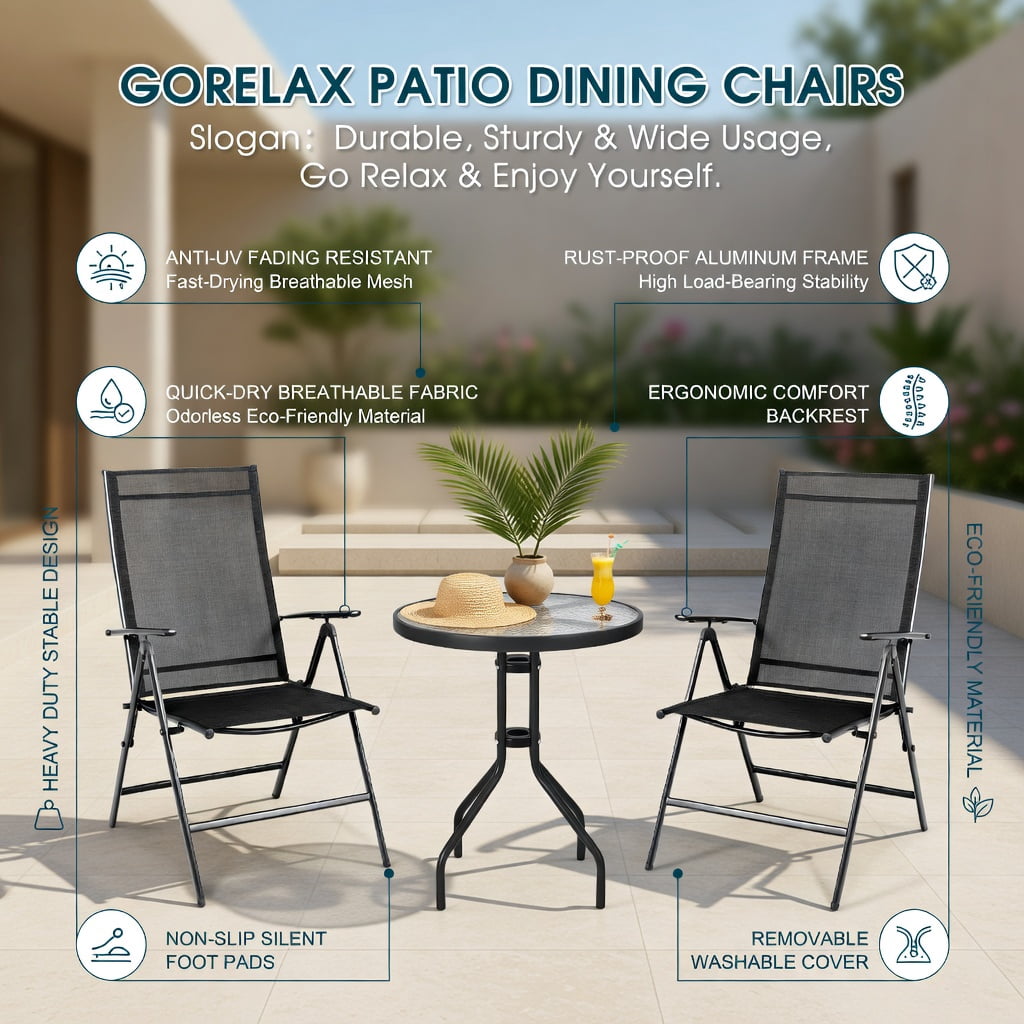 Hommoo 2-Pack Adjustable Outdoor Folding Dining Chairs, Heavy-Duty Steel Frame, Breathable Fabric, Portable Patio Recliners for Deck, Poolside & Garden, Black