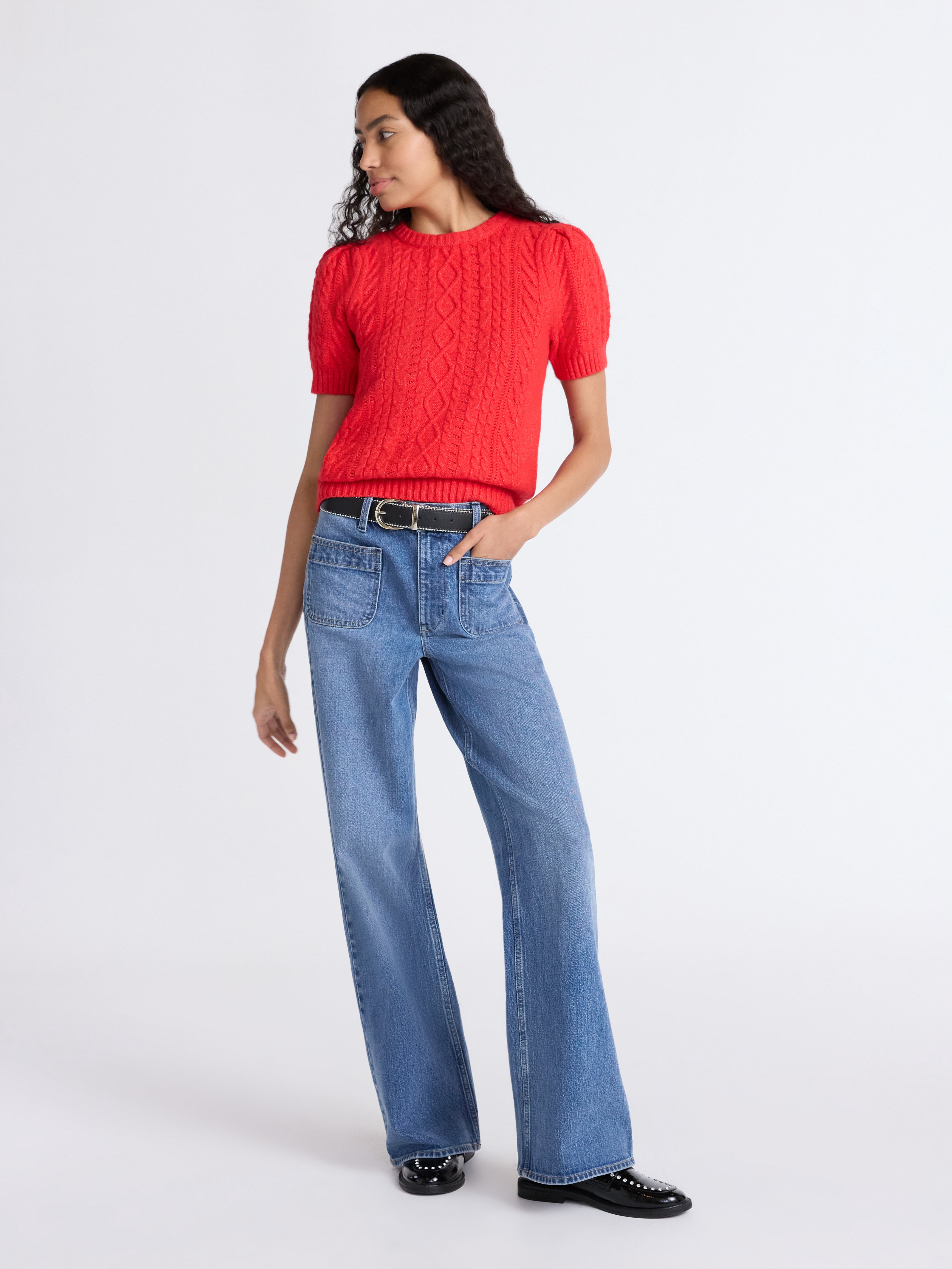 Free Assembly Women's Cable Knit Sweater with Short Puff Sleeves, Sizes XS-XXL
