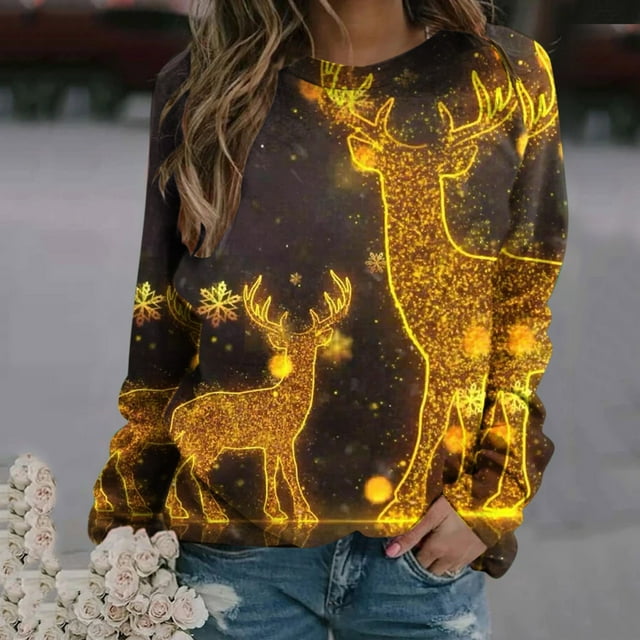 Amzcrzy Chandail pour Femmes Dames Imprimé de Noël Ample à Manches Longues Col Rond Chandail à Enfiler Haut T-Shirt Haut Chandail de Noël Chandails à Manches Longues pour Femmes Chandail à Enfiler Chandail à Col Rond 4TG