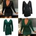 thumbnail image 2 of Sparkling Long Sleeve V Neck Sequins Bodycon Dress for Women's Cocktail Party and Club Event Ruched Hip Wrap Short Dress, 2 of 9