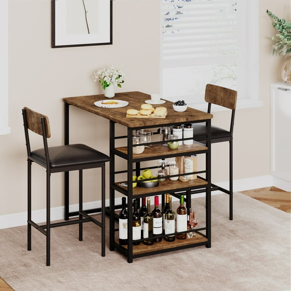Counter Height Dining Table Set for 2 with 2 Upholstered Stools & Storage Shelves, for Small Space Kitchen & Apartment
