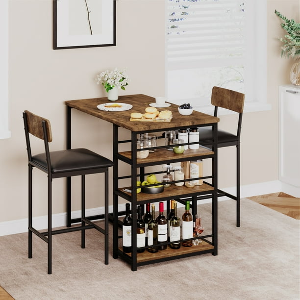 Juego de Comedor 3 Piezas para 2 Personas - Mesa Barra con 3 Estantes y 2 Sillas Tapizadas - Mueble Multifuncional para Cocina Pequeña y Apartamentos - Color Marrón Rústico