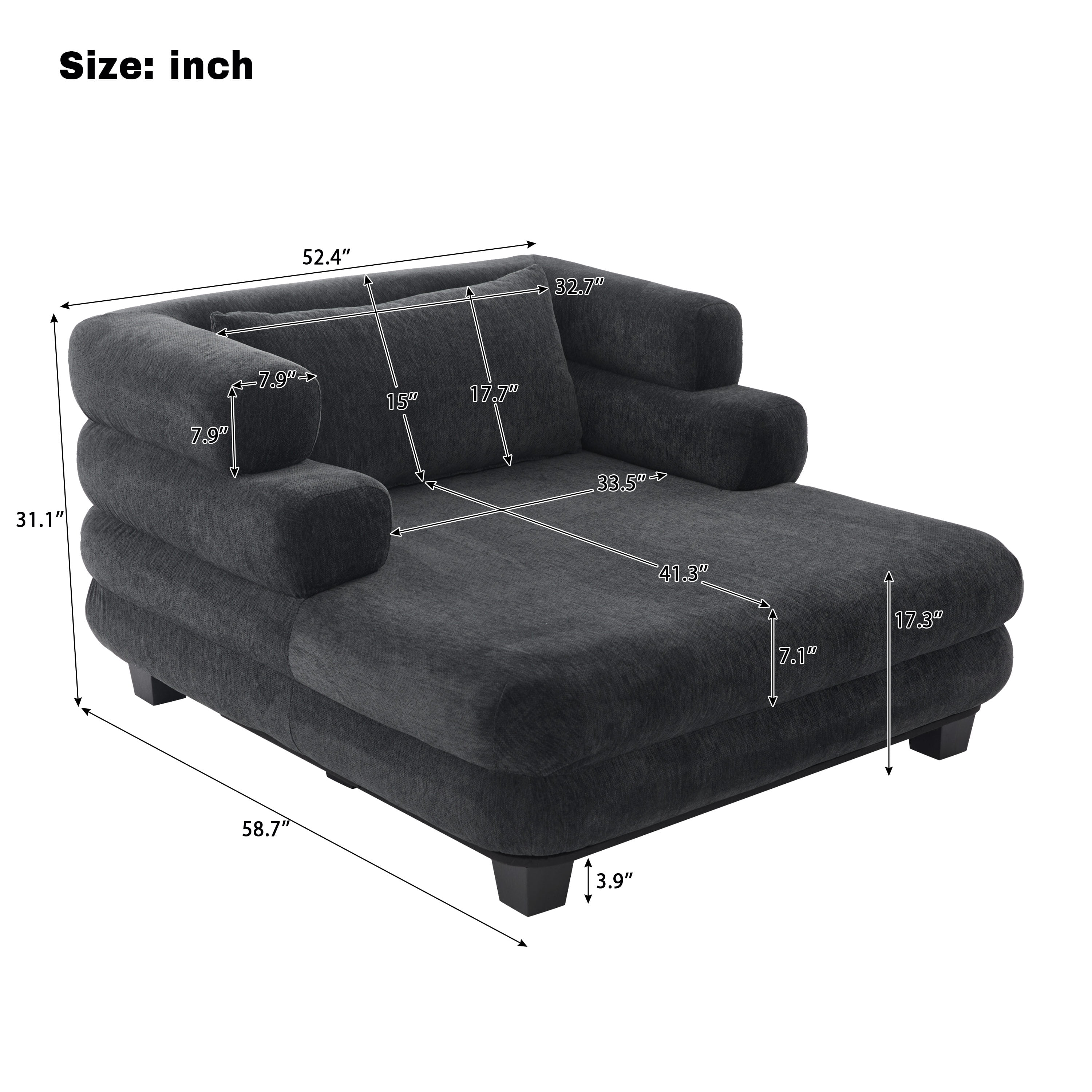 Euroco Oversized Chaise Lounge 52.4" Modern Comfy Lounger Chenille Upholstered Sofa Bed with Deep Seat and Layered Armrests for Living Room or Bedroom, Black