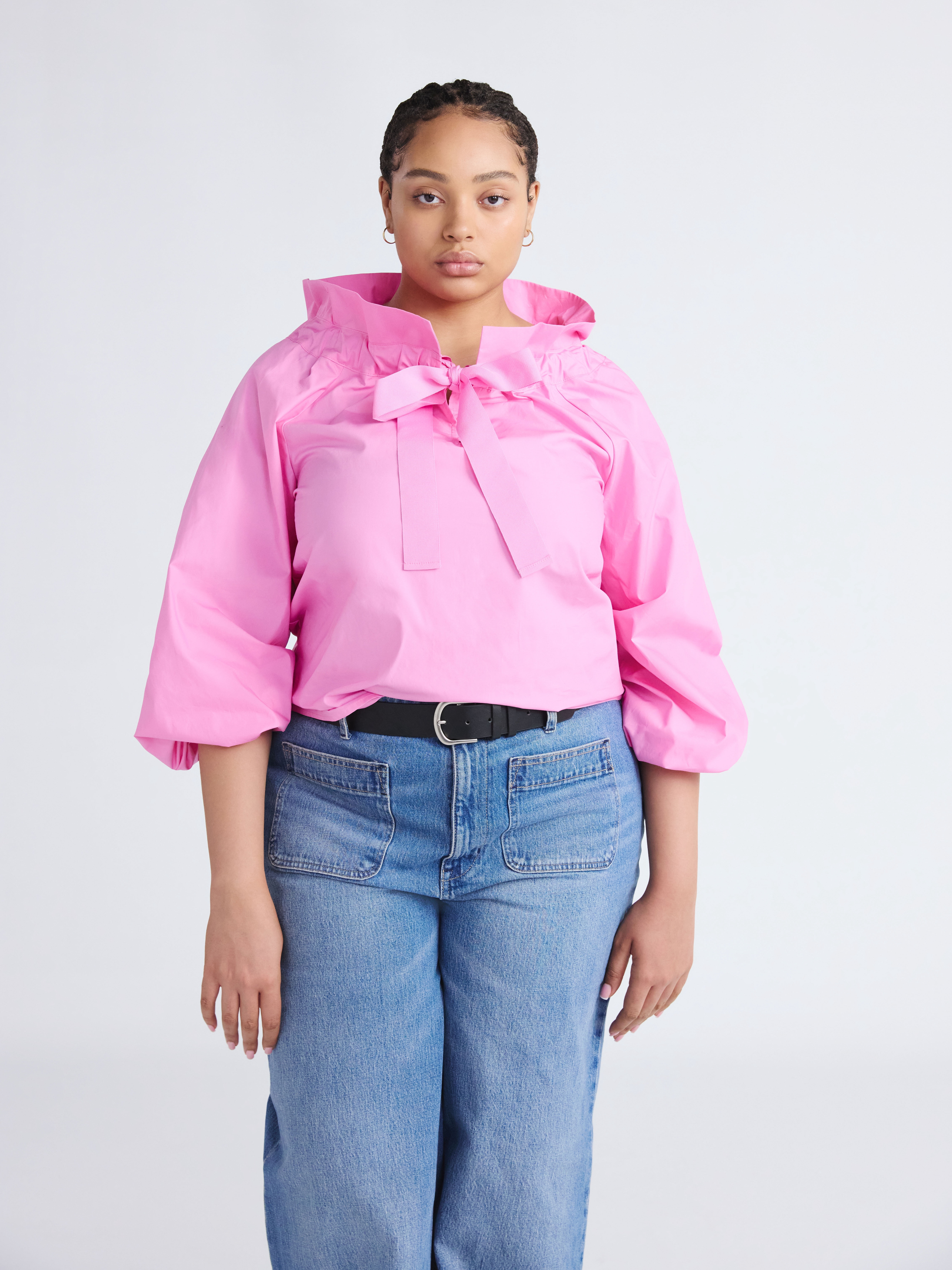 Free Assembly Women's and Women's Plus Size Ruffle Neck Cotton Top with Long Sleeves, XS-4X