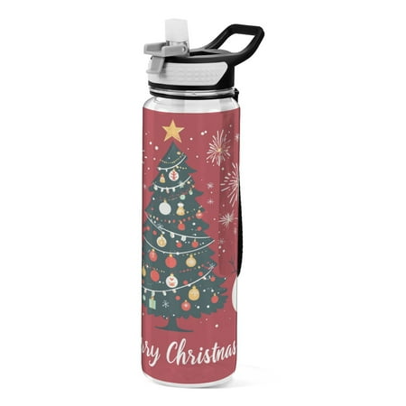 

32oz Transparent Sports Water Bottle with Straw BPA Free Tritan for Kids Adults Outdoor School Gym Fitness Christmas Tree with Icons