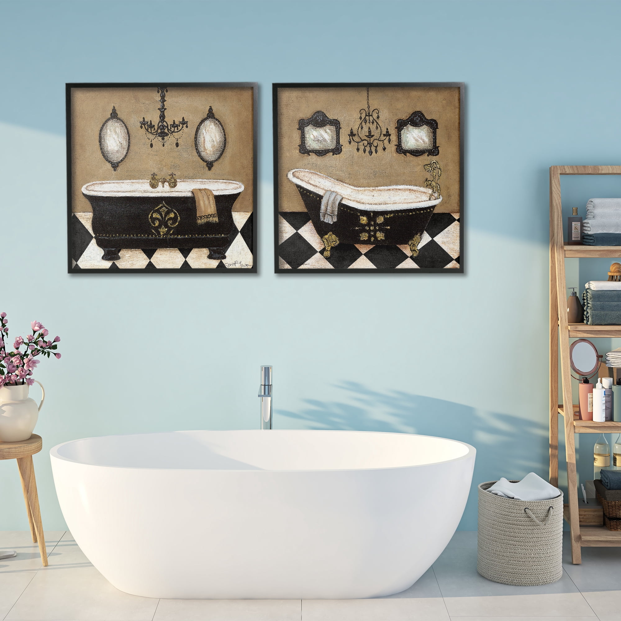 Stupell Industries Elegant Bathroom with Chandeliers 2 Piece Black Framed Giclee Art Set, design by Janet Tava
