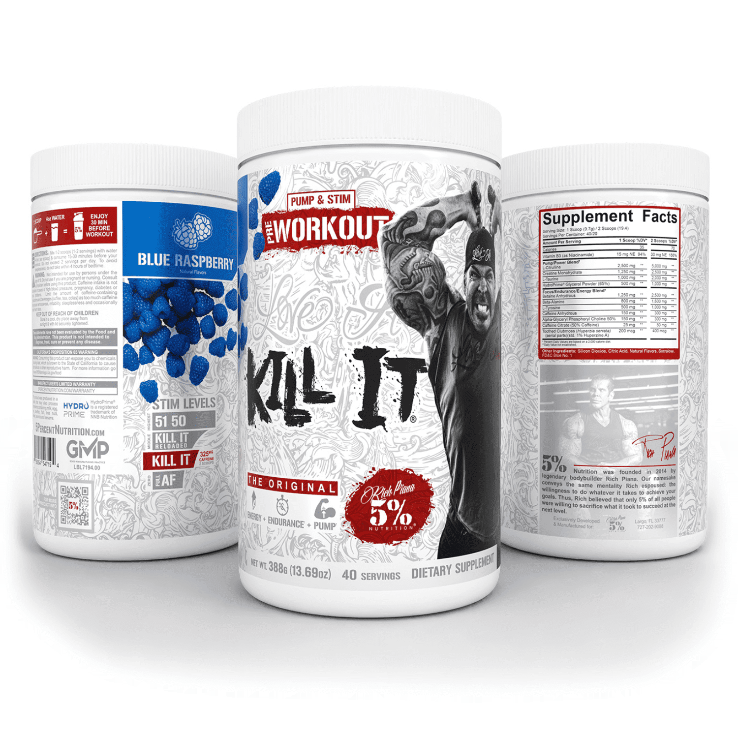 5% Nutrition Rich Piana Kill It Pre-Workout Powder Supplement with Creatine & Caffeine for Pump, 40 Servings (Blue Raspberry)