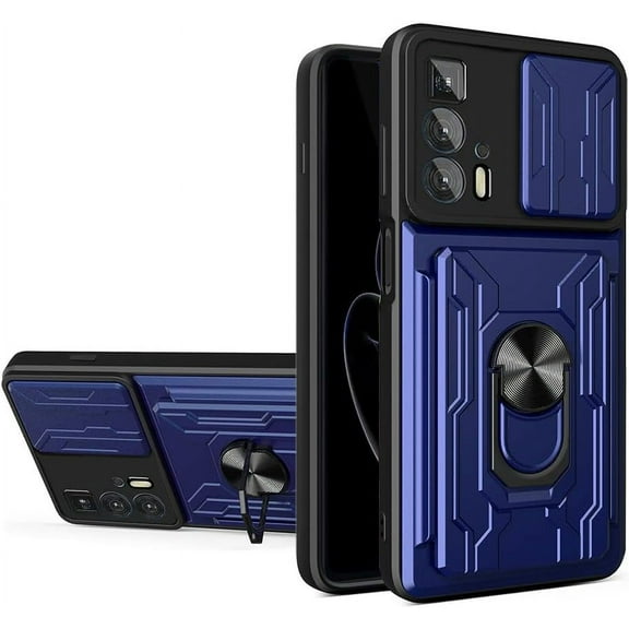 Heavy Duty Protection Case for Motorola Edge 20 Pro (Not 20), Magnetic Ring Kickstand Slide Camera with Card Holder Phone Cover for Motorola Edge 20 Pro LJK Blue