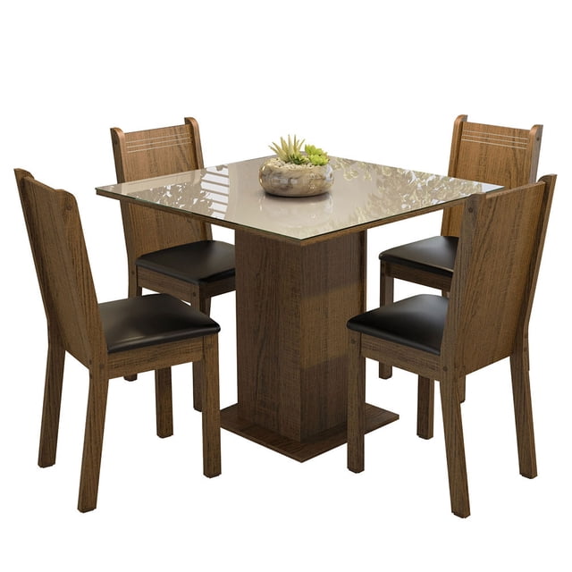 Juego de Comedor Mesa con Tablero de Vidrio 4 Sillas Marrón/Crema/Negro Perla Madesa