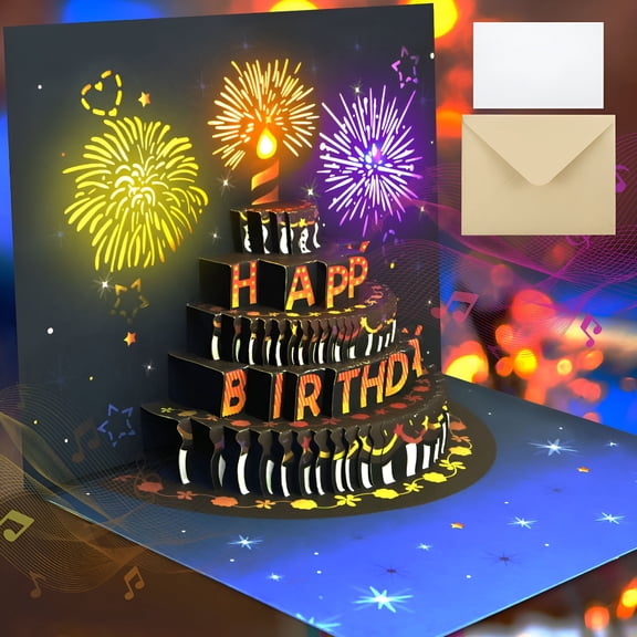 CCOCC Pop Up Birthday Card Lights and Sound Pop up Happy Birthday Card Fireworks Birthday Greeting Cards with Envelope for Women Men Husband Wife Kids