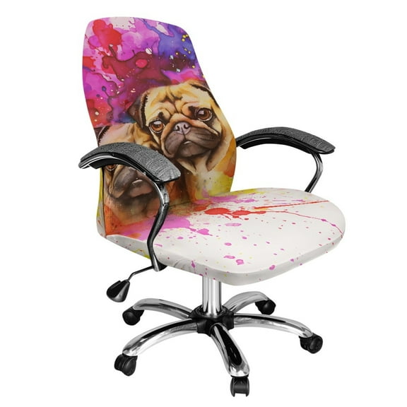 Xoenoiee Watercolor Pug Dog Print Computer Office Chair Cover, 1 Piece Stretchable Universal Chair Covers Rotating Chair Slipcover with Elastic Bottom, S