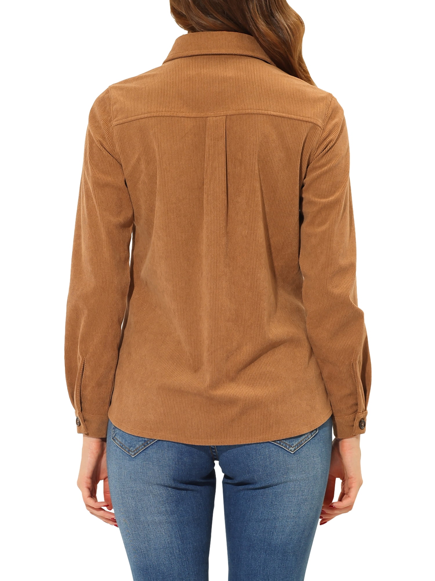 Unique Bargains Women's Corduroy Shirts Long Sleeve Button Down Blouse Top XS Brown