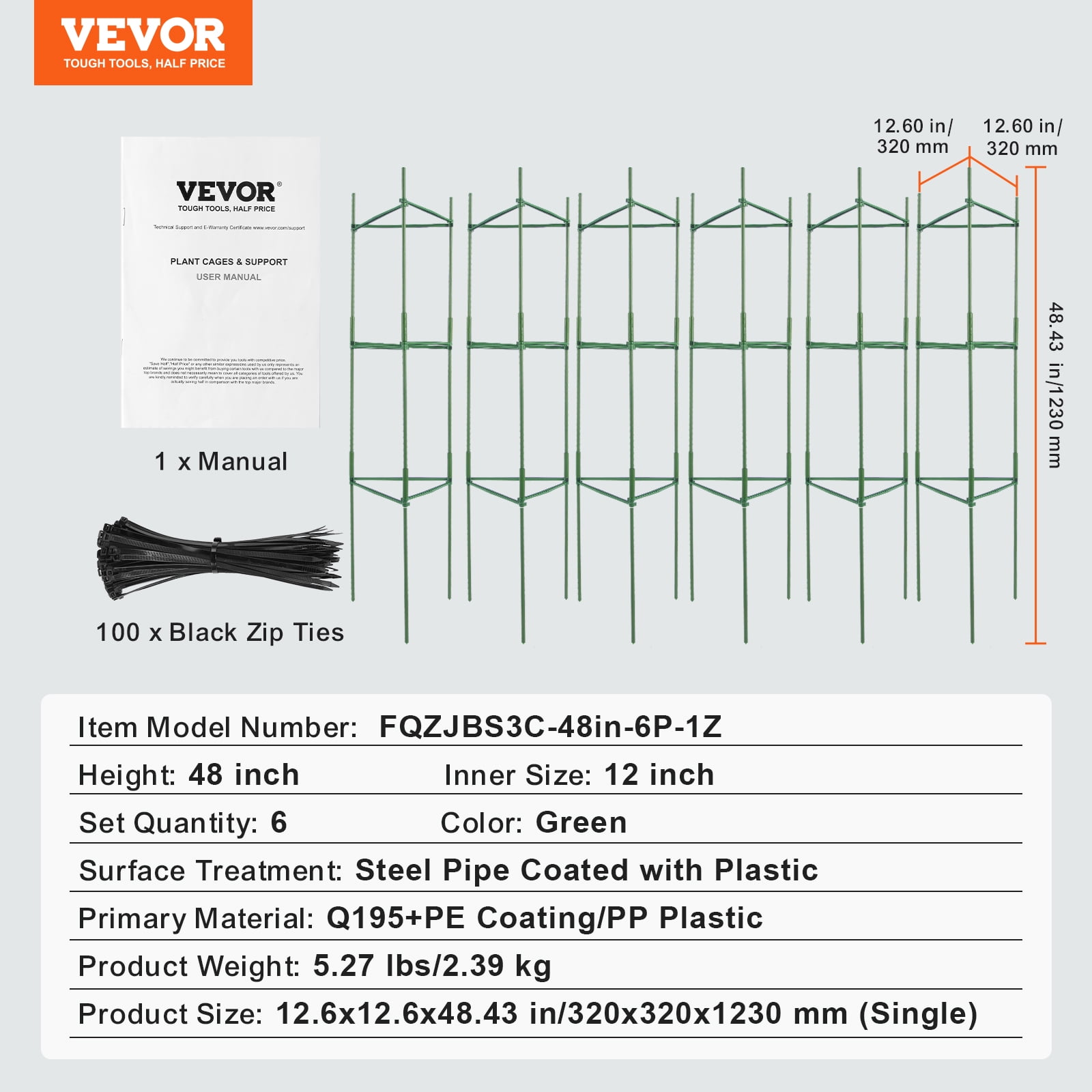 VEVOR 6 packs Tomato Cages for Garden, 48 inch Tomato Trellis Plant Stakes Support, Stackable Tall Plant Support Cage, for Raised Garden Bed, Vegetables Flowers and Climbing Plants
