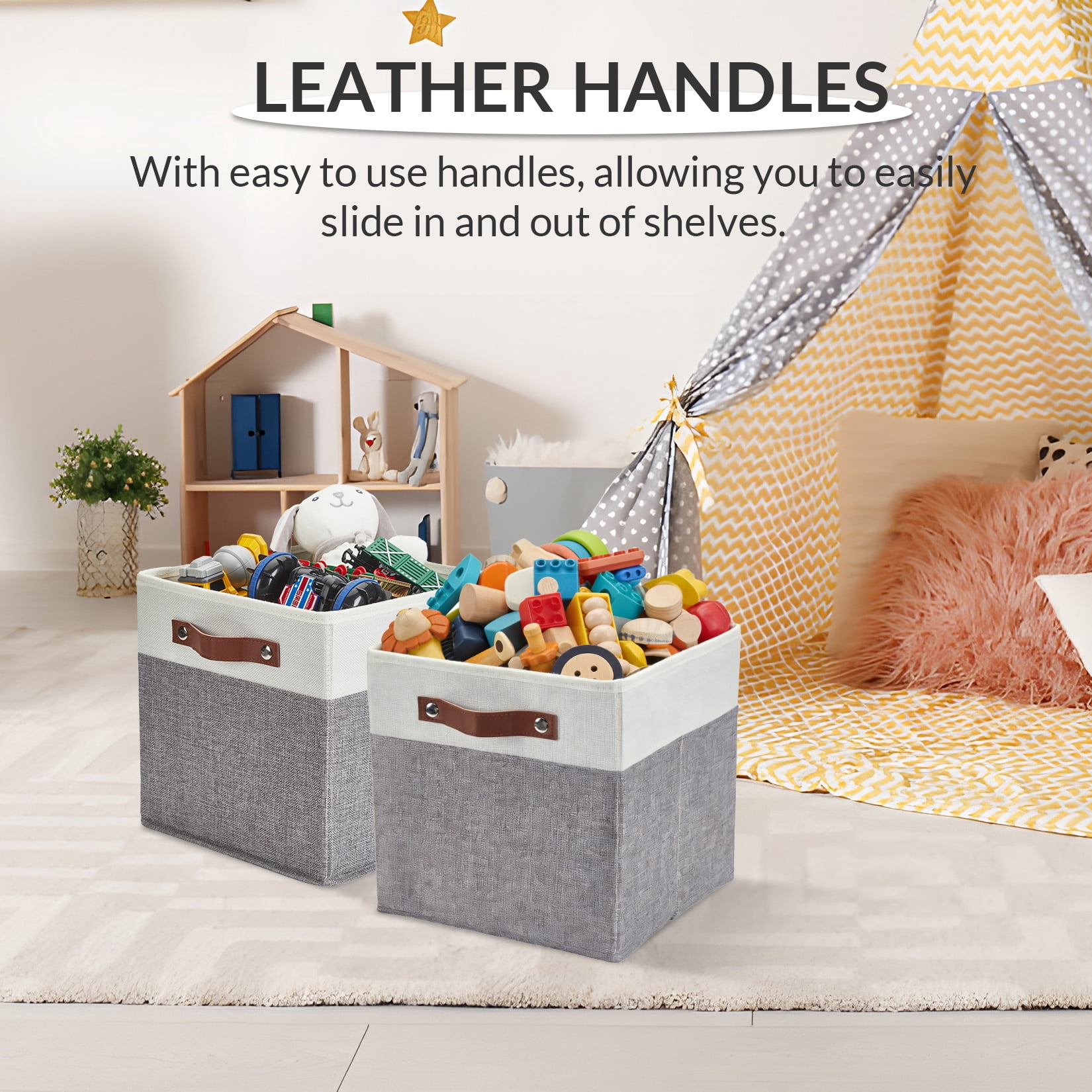 DSstyles Home 13 x 13 Storage Cube Bins, Foldable Collapsible Fabric Storage Bins Box Linen Shelf Basket Cube Organizer for Closet with Leather Handles, 6 Pack White and Gray
