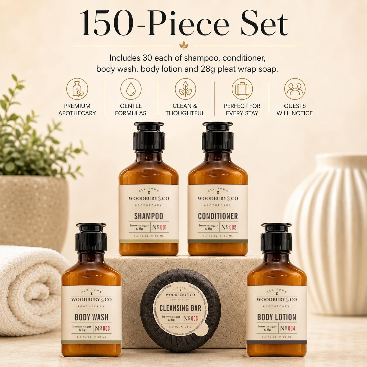 WOODBURY & CO Travel Size Shampoo Conditioner Body Wash Lotion & Soap (150 PK, 1.7 oz each), Guest Bathroom Essentials Toiletries Airbnb Bulk Mini Sets Hygiene Kits Paraben Free Air Bnb Toiletry