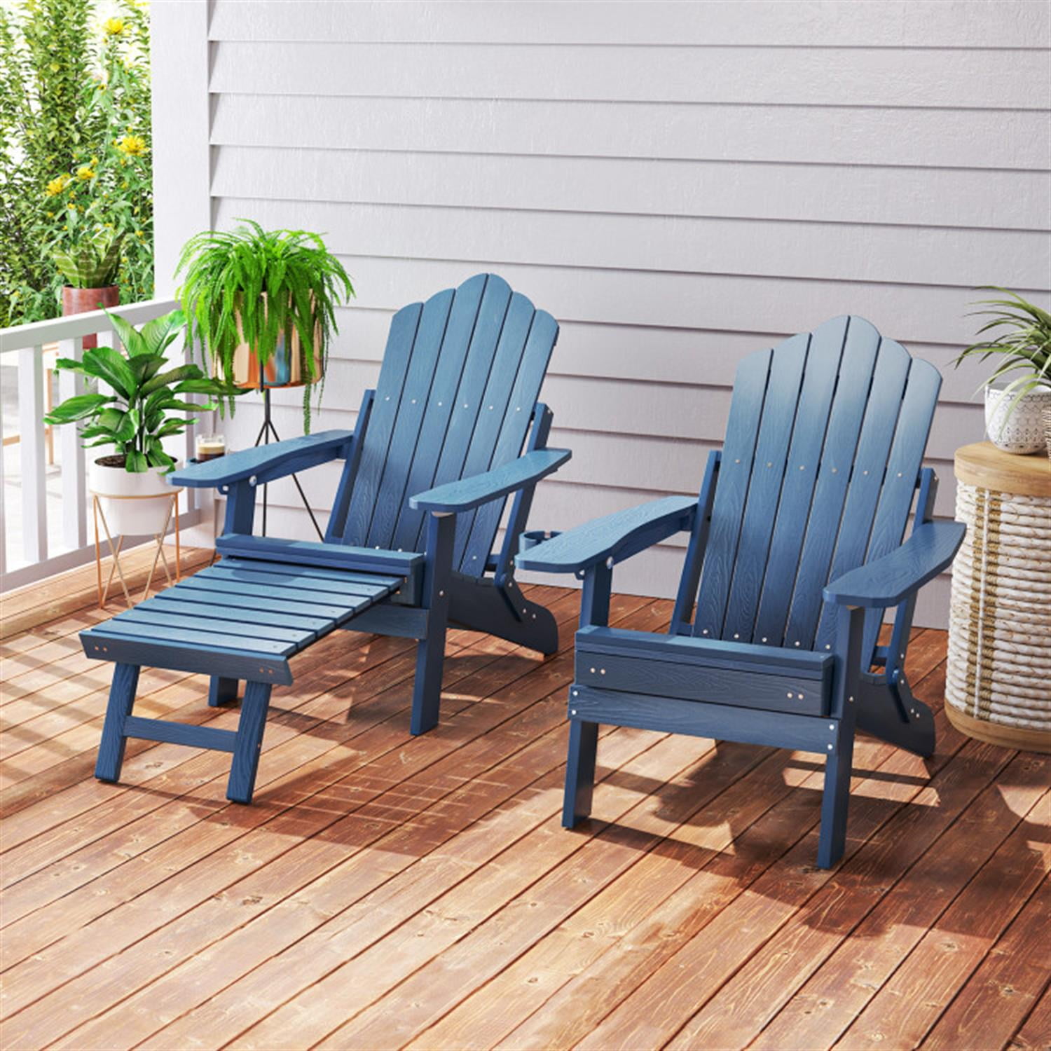 Demi Bonn All-Weather HIPS Patio Adirondack Lounge Chair with Retractable Footrest, Outdoor Accent Furniture Lounge Chairs for Yard, Garden, Blue