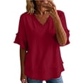 thumbnail image 3 of Womens Cotton Linen Tops,short Sleeve V Neck Fashion Clothing Outfits Casual Shirt Summer Basic Blouse 2026 Summer Spring Loose V Neck Blouse Relaxed Fit Clothes,Red,2XL, 3 of 8