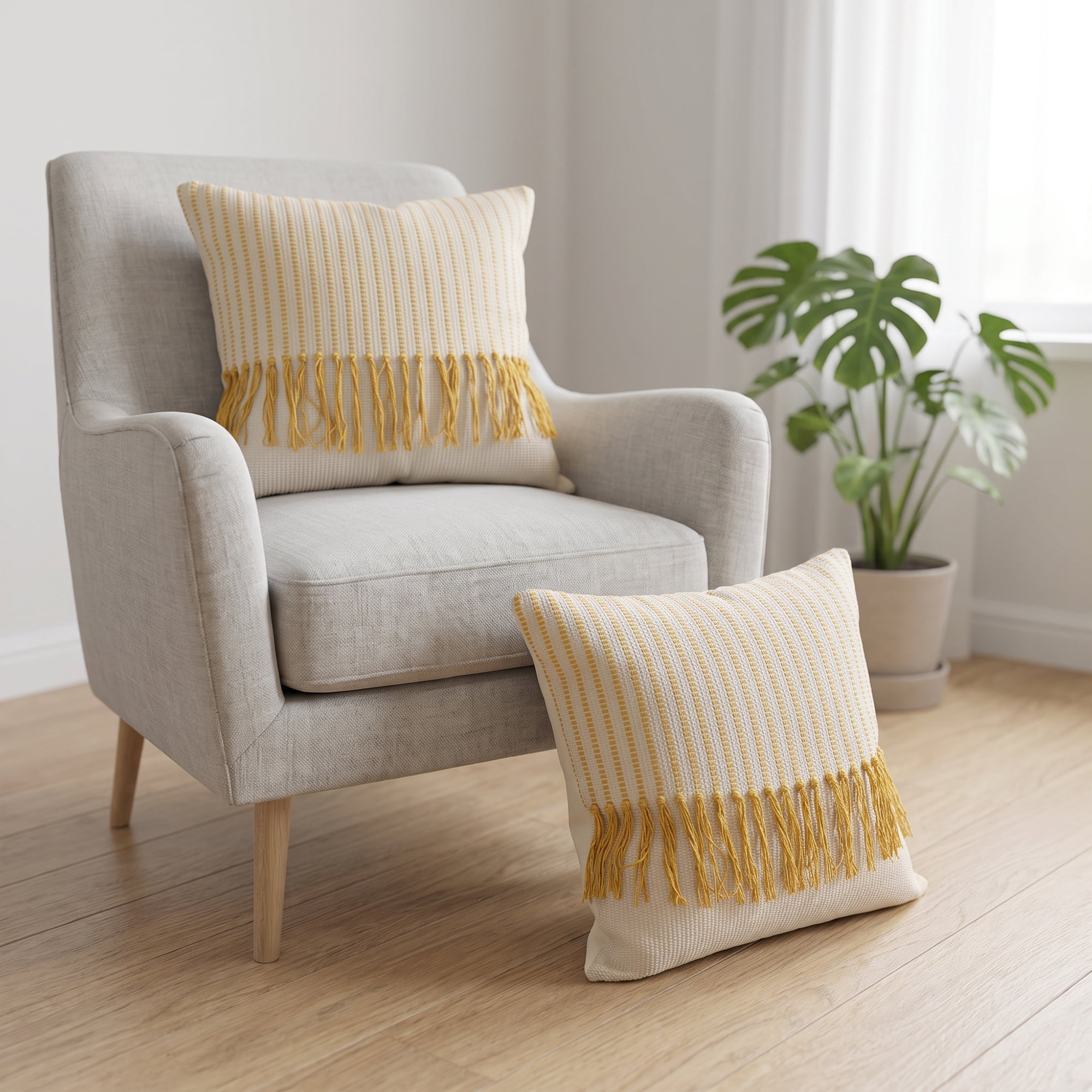 Unique Bargains Woven Striped Throw Pillow Cover Tassels Cushion Case Yellow 18" x 18"