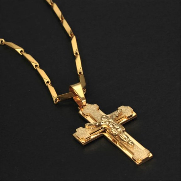 Simple Jesus Cross Necklace 14K Yellow Gold Pendant & Chain For Men Gift Christian Jewelry